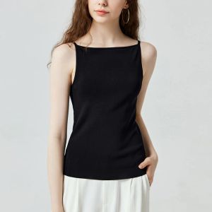 Camis Top noir femmes été sans manches t-shirt mince Sexy dos nu Camisole col carré décontracté débardeur ample Spaghetti sangle t-shirts