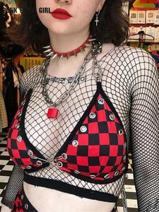 Camis Cyber Punk Halter Crop Top Beha Dambord Plaid Crop Tops Backless Oogje Sexy Hemdje Gothic Rave Bikini Y2k Lingerie Hot Bf