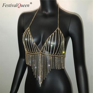 Camis FestivalQueen Bling Kwastje Strass Crop Tops Vrouwen Zomer Sexy Gold Diamond Body Metalen Ketting Party Club Dance Cami Top