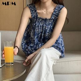 Camis Floral frauen Leibchen Top Lose Mode Falten Square Neck Ärmelloses Top Casual Damen Abgeschnitten Weste 2022 Sommer Neue