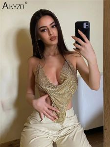 Camis Glitter Diamant Dos Nu Party Camisole Sexy Col V Profond Brillant Strass Crop Tops Pour Femmes Rave Discothèque Festival Débardeur