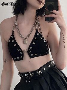 Camis Goth Dark Eyelet Mall Gothique Femmes Sexy Halter Tops Grunge Egirl Chaîne Sangle Dos Nu Camis Punk Noir Pin Patchwork Crop Top