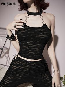 Camis Goth Dark Hollow Out Mall gótico Sexy Tops cortos con cuello Halter Grunge espalda descubierta ceñido al cuerpo Y2k camisola para mujer cadena ropa informal con diseño de varias telas