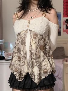 Camis Kalevest Y2K Vêtements gothiques Crop Tops Blanc cassé Lolita Haut pour femme Gyaru Hauts à manches longues Cyber Lace Top Exposition Vêtements simples