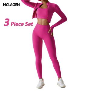 Camis NClagen Women Sportwear 3 -delige set Yoga Top Jacket Pants Leggings Sports Bra Scrunch Shorts Gym Training Kleding Fiess Pakken