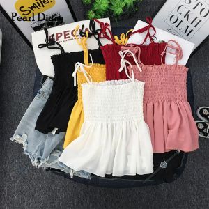 Camis Pearl Diary, Tops dulces para mujer, Tops de verano sin mangas con tirantes y pajaritas, Tops de tubo Peplum, Tops elásticos fruncidos de princesa para niña, novedad