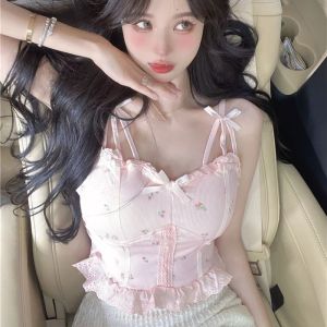 Camis Rimocy verano dulce estampado rosa chaleco mujeres 2023 Kawaii lazo de encaje sin mangas Crop Tops mujer lindo ajustado Y2K camisola femenina