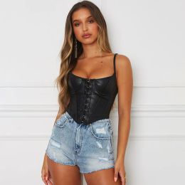 Camis Sexy noir en cuir PU Bustier femmes court Corset femme haut court mode sans manches sangle Camis Clubwear Lowcut Slim Camis