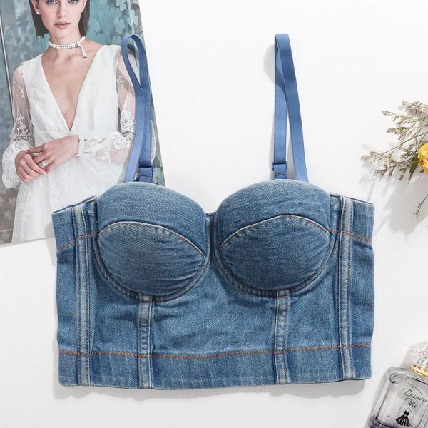 Débardeur en Denim Sexy pour femmes, sous-vêtements d'été à bretelles au dos, haut en arête de poisson, soutien-gorge polyvalent pour boîte de nuit