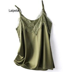 Camis zijden hemdje met kant ontworpen moerbeizijde sling dieptepunt satijnen dames top zomer mouwloze camis sexy