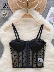 Camis SINGREINY Sexy Corset Lingerie Top Spaghetti Sheer Slim Mesh Kort Hemdje 2023 Vrouwen Polka Dot Backless Sensuele Tank Top