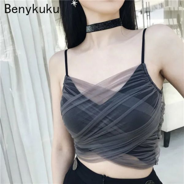 Camis Été Gothique Rue Chic Sexy Club Punk Noir Gris Camisole Froncé Sling Cami Débardeurs Femmes Mode Goth Crop Top Sexy Mujer