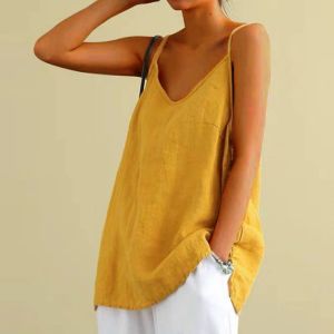 Camis Zomertop Dames Katoen Linnen Spaghettibandjes Tops Halter V-hals Basic Geel Mouwloos Tanktops Los Casual Vakantie-T-shirts