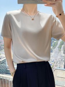 Camis T-shirts d'été femme col rond manches courtes t-shirts Satin Klein bleu Champagne couleur unie ample femmes t-shirt surdimensionné hauts en soie