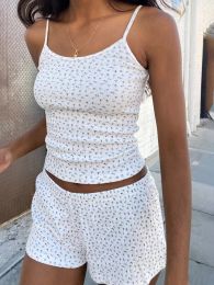 Camis Sweet Floral Print Two Piece Set Women Hollowout Sleeveless Crop Top And Shorts Summer Outfits Casual Vintage Cotton Short Sets