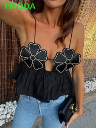 Camis T MODA Femmes Sexy Col en V Profond Brillant Paillettes Fleur Design Chic Sling Camis Débardeur Dame Spaghetti Sangle Dos Nu Tops Outwear