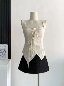 Camis Vintage Kant Patchwork Tie Up Ontwerp Vrouwen Hemdje 2023 Fashion Nieuwe Witte Boog Tank Tops Hot Meisjes Asymmetrisch Vest clubwear