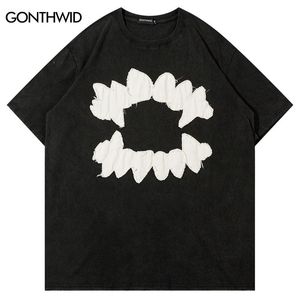 Camiseta Vintage para hombre, camiseta lavada con parche de dientes bordado de Hip Hop, camisetas punk góticas de gran tamaño, Top holgado de algodón Haruku 2023