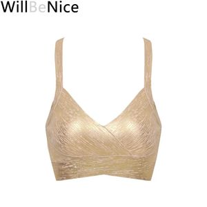 Camisoles WillBeNice 2019 or argent feuille impression col en V Camis court Sexy dame culture tricoté haut de pansement bretelles croisées haut de bandeau Club gilet