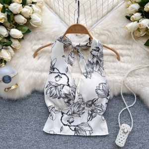 Camis Dames Elegantie Halter Camis Chinese stijl Print Zomer Backless tanktops V-hals Vouw met borstkussen Wit Sexy crop top Y2k