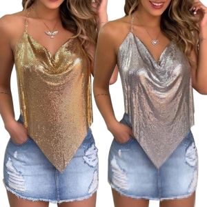 Camisole sans manches à paillettes scintillantes pour femmes, haut à bretelles Spaghetti, col licou, drapé, col bénitier, ourlet asymétrique