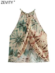 Camis Zevity Nuevas mujeres con estampado de hojas tropicales con cordones Halter Camis Tank Lady Summer Cross Design Casual Chaleco de lino Y2K Crop Tops LS4630