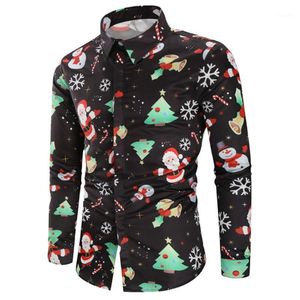 Chemises décontractées pour hommes Camisa Masculina Hommes Flocons de neige Santa Candy Imprimé Chemise de Noël Top Blouse Chemise Homme Noel Manches longues Men1