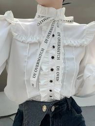 Camisas Blusas Mujer de Moda Fall French Court Style Vintage Shirt Bowknot Schimmel Witte Topletter Blouse Ribbon S 240407