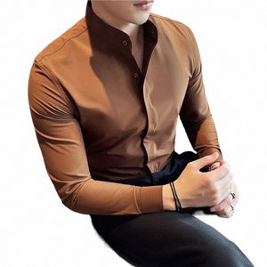 Camisas de hombre Stand Collar Camisas de lujo para hombres Calidad Camisa Masculina Stretch Slim Fit Mens Dr Shirts Ropa formal b2ik #