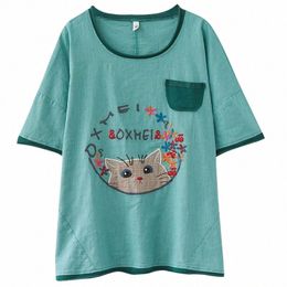 camiseta holgada c bordado de parche para mujer, Top de cuello rojo c estampado de gato dibujos animados, 150Kg, busto 152cm, 6XL, 7XL, 8 14nn#