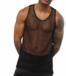 camiseta sin mangas de transparente para hombre, ropa intérieur Sexy ajusté pour gymnase, ropa intérieur para discothèque, couleur blanco y negro, i9XR #