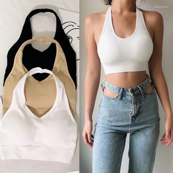 Camisoles Tanks 2023 Sexy Halter Backless Bra camisola para mujer Wire Free Sport Top Suspenders Solid Crop Tops Chaleco a prueba de golpes Lencería