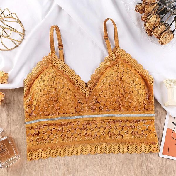 Camisoles Tanks 2024 Mode Femmes Sans Manches Soutien-Gorge En Dentelle Col En V Rembourré Crop Tops Spaghetti Sangle Bralette Top Femme Creux Enveloppé Poitrine