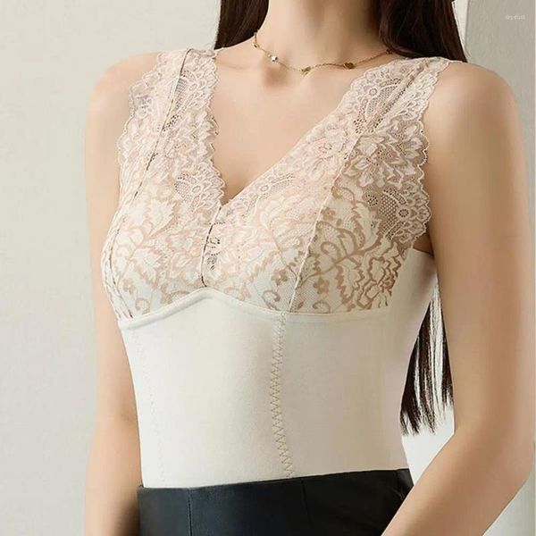 Camisoles Réservoirs Gilet Antistatique Fleur Broderie Thermique En Peluche Pull Dentelle Patchwork Sous-Vêtements Haut Pour Femmes Automne Hiver Slim Fit