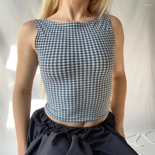 Camisoles Tanks Blue Checkered Bow Tank Toqule Strap de moda Dacron Mujeres Topas delgadas