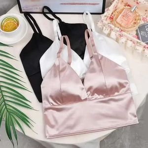 Camisoles Réservoirs Bralette Sommeil Soutiens-gorge Top Lingerie Rembourré Sans Fil Gilet Sans Fil Sous-Vêtements De Glace Femme Col En V Soutien-Gorge Sans Couture Sexy Soie