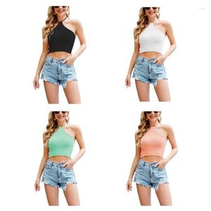 Camisoles Tanks F42F Womens Lace-Up Halter Sleeveless Crop Top Solid Color Ribbed Knit Backless Vest