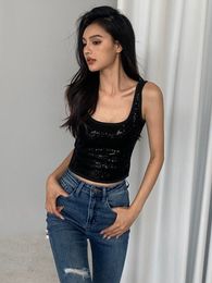 Camisoles Tanks Mode Eomen's Vest Noir Sequin Sexy Bretelles Coréen Slim Fit Femmes Corset y2k Streetwear Crop Tops T-Thirt Traf 230719