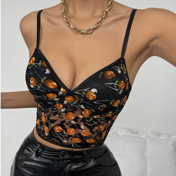 Camisolas Tanques Bordado Floral Cueca Langerie Sexy Top En Forma De Transparencia Lencería Chaleco De Encaje Ahueca Hacia Fuera La Ropa Interior Del Tanque De Flores Croped