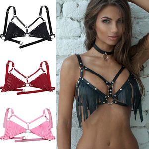 CAMISOS Tanks Harajuku Goth Tassel PU Leather Harness Belt Bondage Bra Women Sexy Tops Club Party Festival Rave Tassel Belts Bears