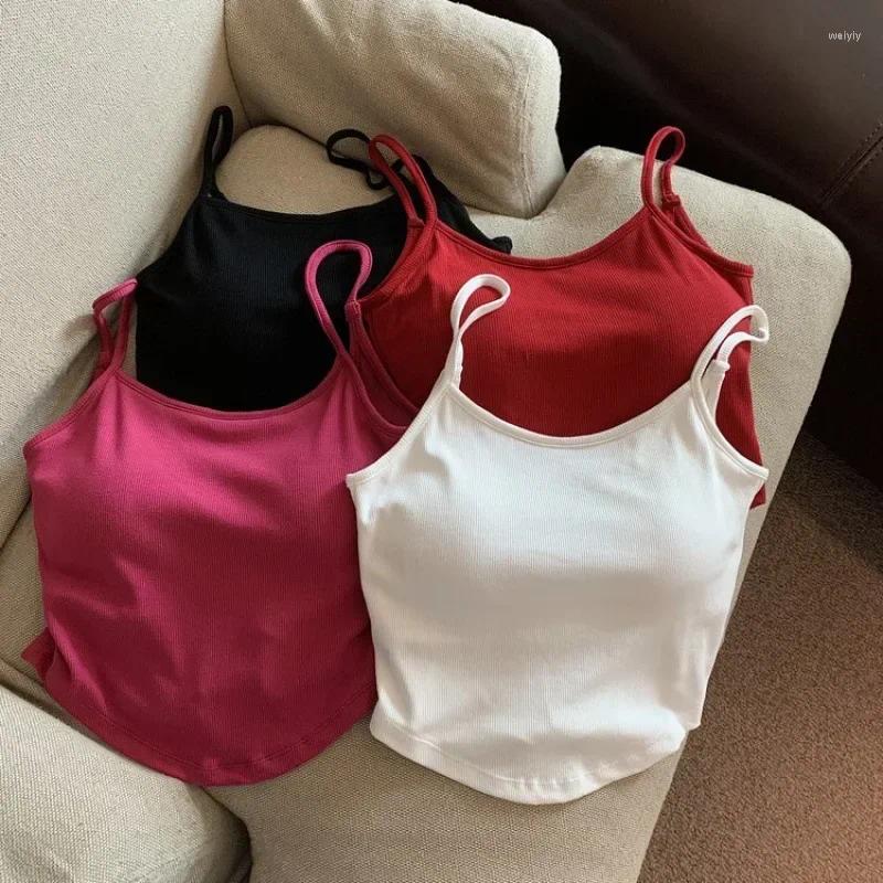 Camisoles Tanks ihåliga tillbaka med BRA kvinnors sommar smala bröstkuddar fast färg underlag i ett stycke rygglöst sexig kort topp