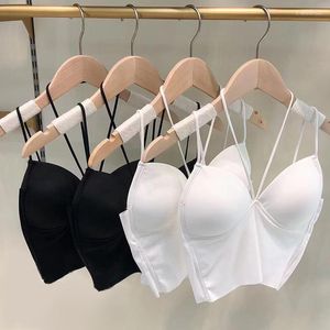 Camisolas sin mangas de seda helada, Top corto para mujer, camisola de tubo sin mangas con cuello de pico, ropa interior transpirable de verano, chaleco 2023, camisetas sin mangas con sujetador Sexy