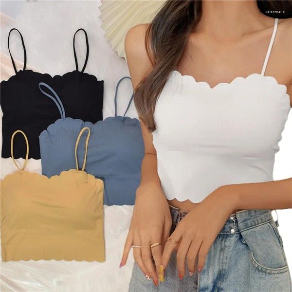 Camisoles Tanks Ice Silk Crop Tops Crops Femme Wave Wave Edge Design Sans manchons T-shirt Summer Spaghetti Spaghetti Top avec tasses Couleur continue