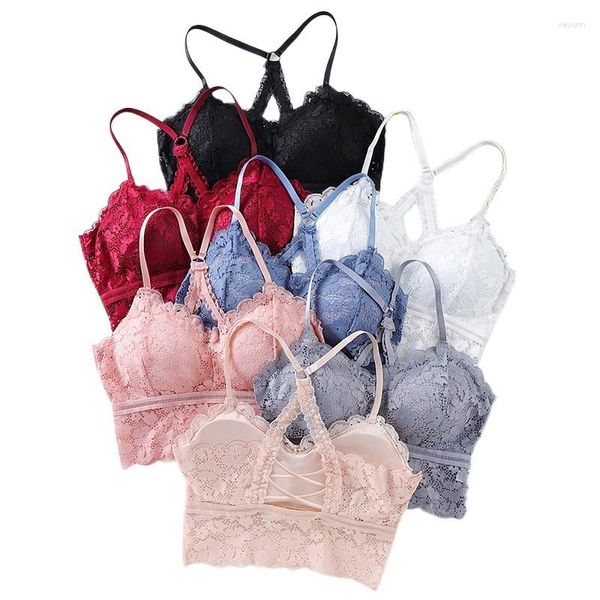 Camisolas sin mangas de encaje para mujer, Top con sujetador trasero de belleza, lencería corta, Bralette Sexy, ropa interior inalámbrica, Tops de moda, camisola acolchada