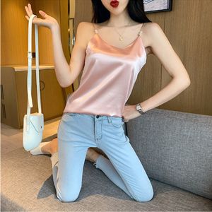 CAMESOSOLS Tanks Dames Fairy Strappy Camisole Shirts Summer Sexy Pearl Camis Tank Women Bohemian Beach Silk Satin Tops Vest White Pink 230506