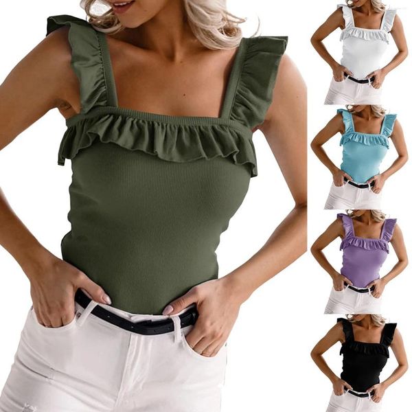 Camisoles Réservoirs Lâche Femmes Mignon Haut Sans Manches À Volants Sangle Cou Chemisier Couleur Unie Tricoté Camisole Chemise Élégante Soutien-Gorge En Coton