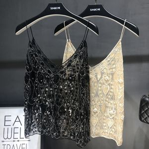 Camisoles Tanks Mesh rouge groove sexy sequin ajusté gilet porté avec une chemise à fond creux en maille vêtements sexy pour femmes 230410