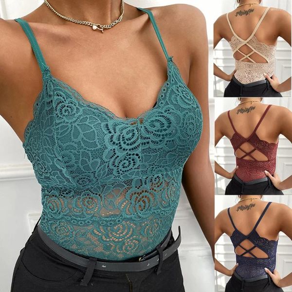 Camisolas sin mangas para mujer, corpiño de encaje con perspectiva, Bralette Sexy, chaleco calado con tirantes, camiseta sin mangas fina y suave de Color sólido