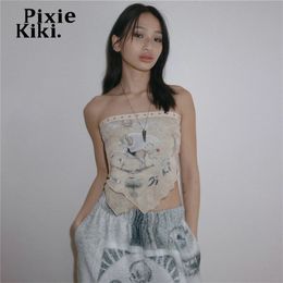 Camisoles Tanks Pixiekiki Sexy Summer Tube Top Vintage Print Graphic Tees Streetwear Woman Tie Up Strapless Cropted Tanktops P71AI11 230508