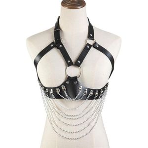 Camisoles Tanks Punk Cupless soutien-gorge haut en cuir harnais ceinture corps Bondage poitrine sangles noir clouté Rivet recadrée Top294l